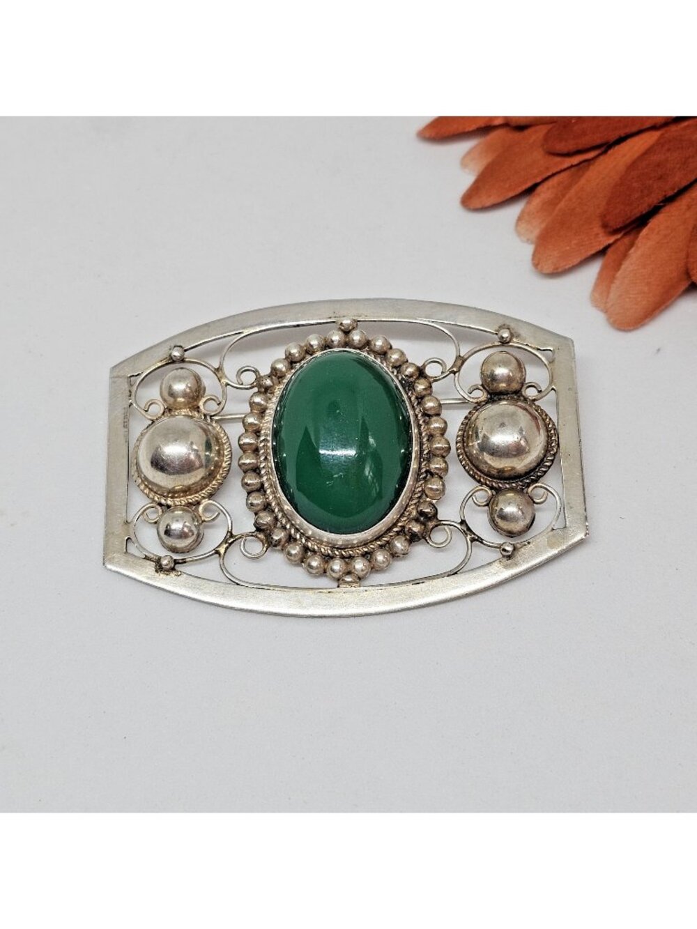 Vintage Sterling Silver Green Onyx Brooch Large Filigree Open Work Jewelry